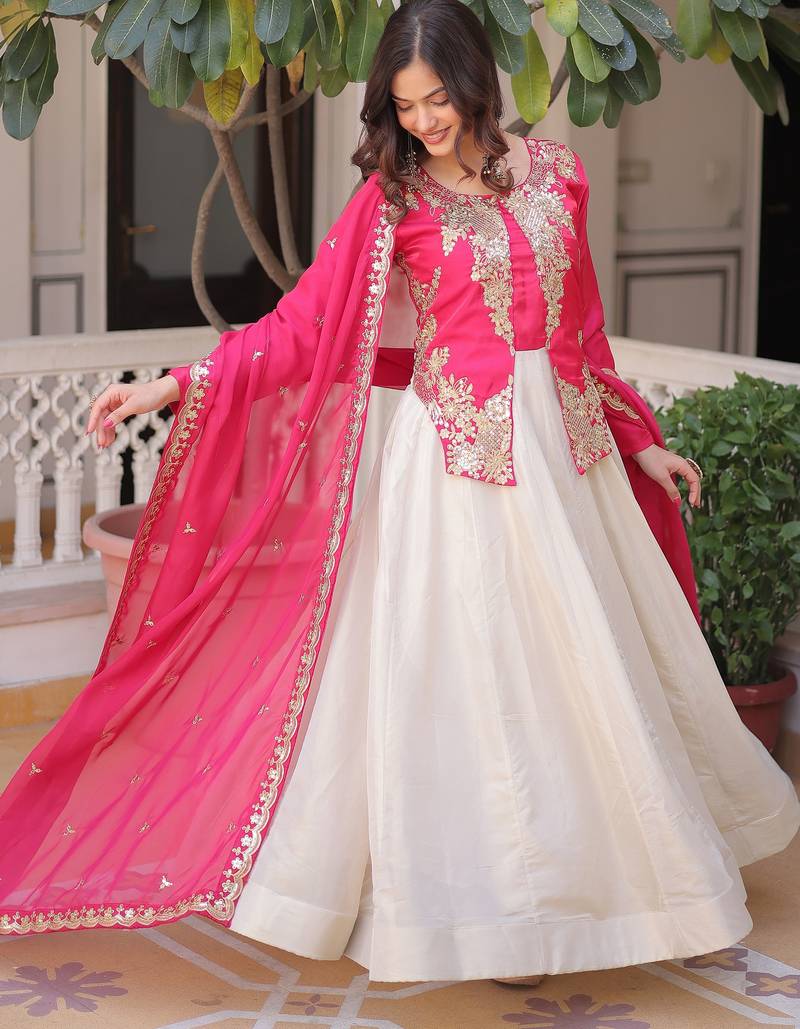 Dazzling Pink Thread Embroidered Silk Function Wear Gown With Dupatta