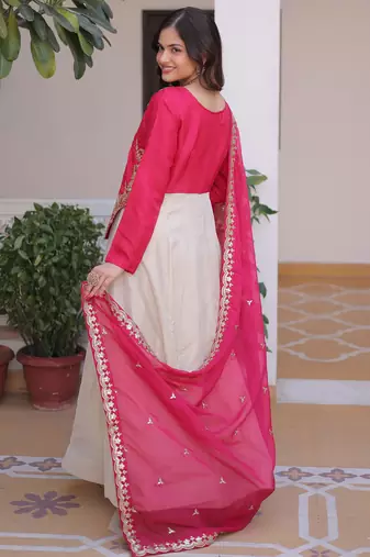 Dazzling Pink Thread Embroidered Silk Function Wear Gown With Dupatta