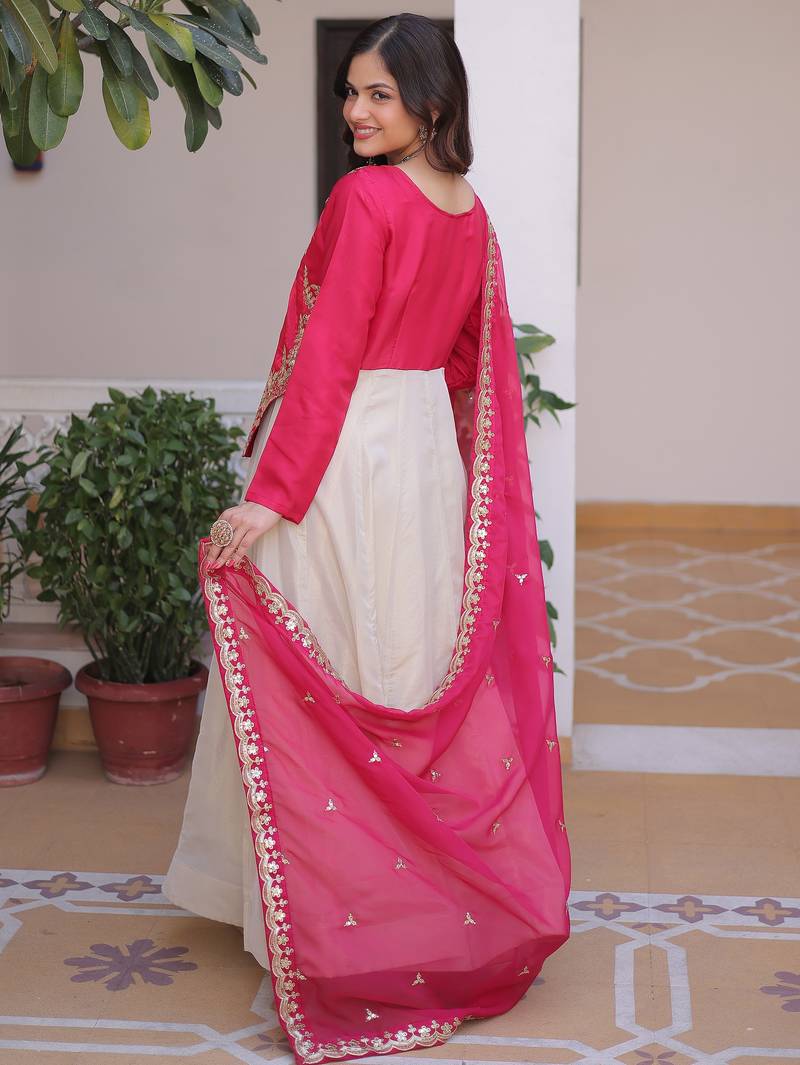 Dazzling Pink Thread Embroidered Silk Function Wear Gown With Dupatta