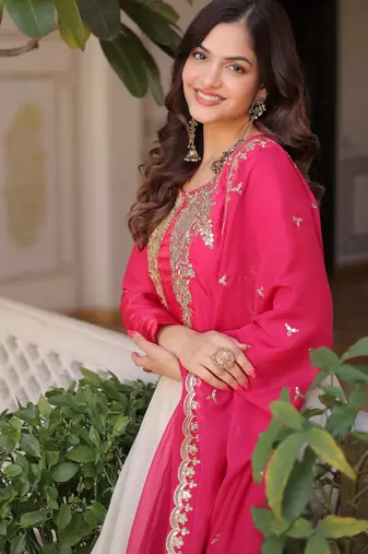 Dazzling Pink Thread Embroidered Silk Function Wear Gown With Dupatta