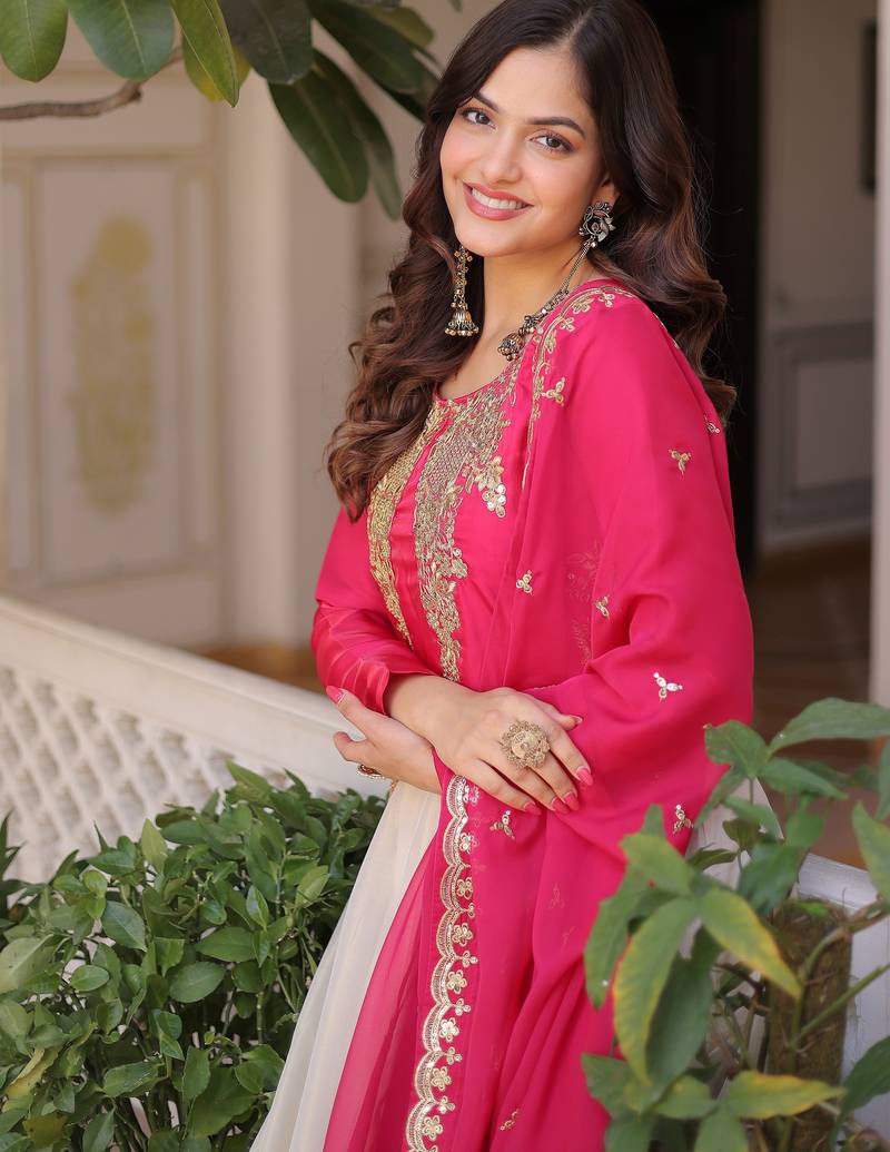 Dazzling Pink Thread Embroidered Silk Function Wear Gown With Dupatta