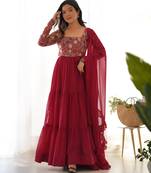 Women red embroidered long anarkali kurta set with dupatta