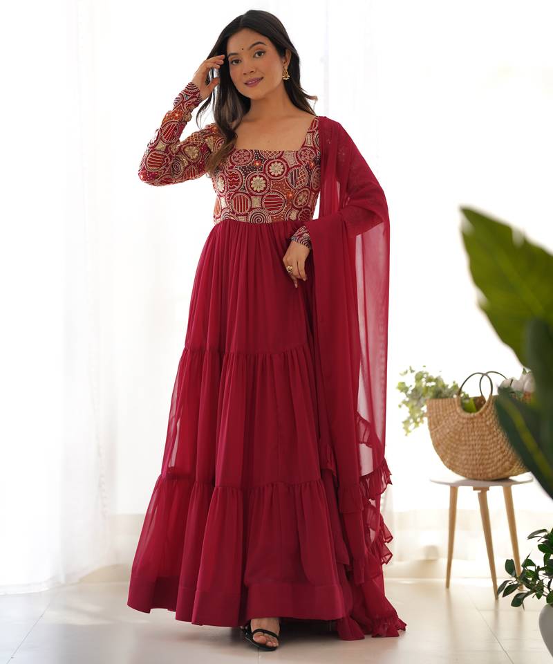 Women red embroidered long anarkali kurta set with dupatta