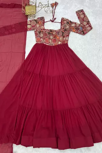 Women red embroidered long anarkali kurta set with dupatta