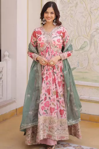 Stunning Pink Embroidered Silk Festival Wear Gown With Dupatta