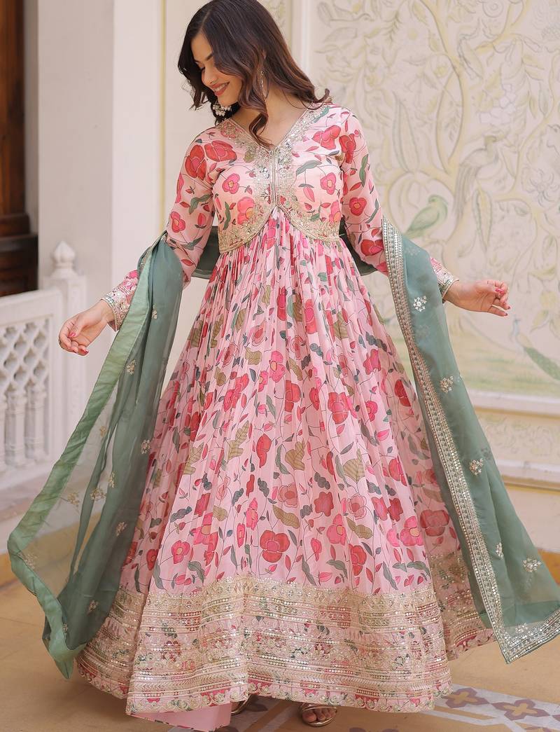 Stunning Pink Embroidered Silk Festival Wear Gown With Dupatta