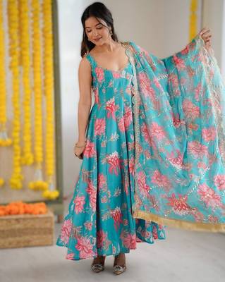 sky blue floral print straight kali cut anarkali suit  1