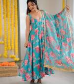 sky blue floral print straight kali cut anarkali suit 