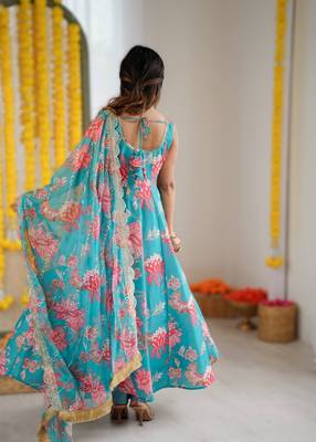 sky blue floral print straight kali cut anarkali suit  2