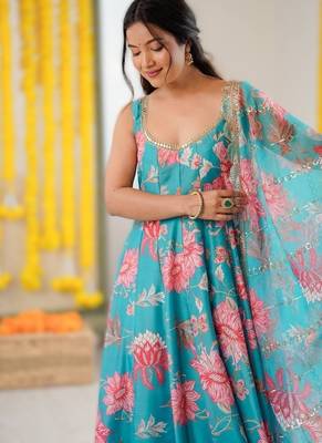 sky blue floral print straight kali cut anarkali suit  3
