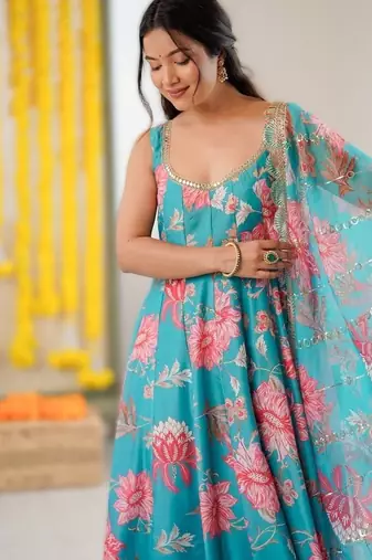 sky blue floral print straight kali cut anarkali suit 