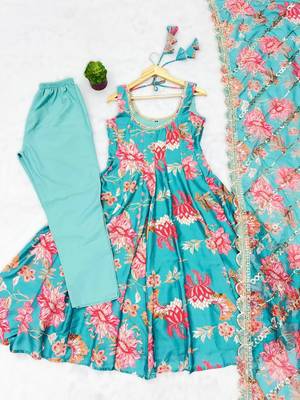 sky blue floral print straight kali cut anarkali suit  4