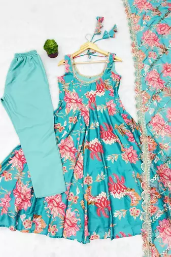sky blue floral print straight kali cut anarkali suit 