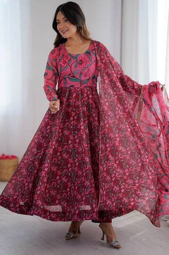 maroon presenting ajrak print anarkali suit 