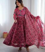 maroon presenting ajrak print anarkali suit 