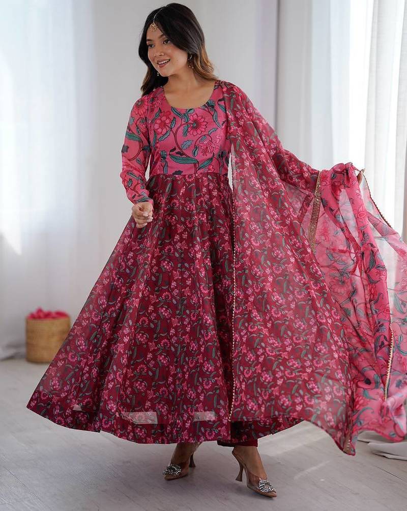 maroon presenting ajrak print anarkali suit 