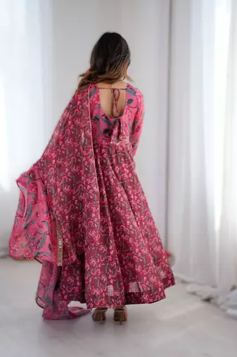 maroon presenting ajrak print anarkali suit 