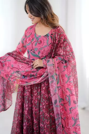 maroon presenting ajrak print anarkali suit 