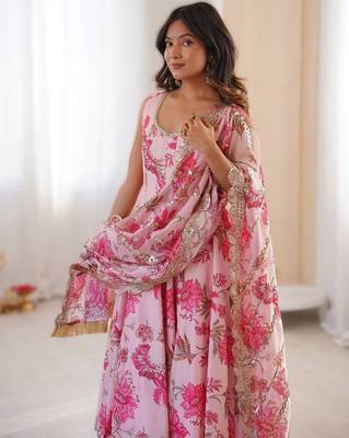 pink floral print straight kali cut anarkali suit  3