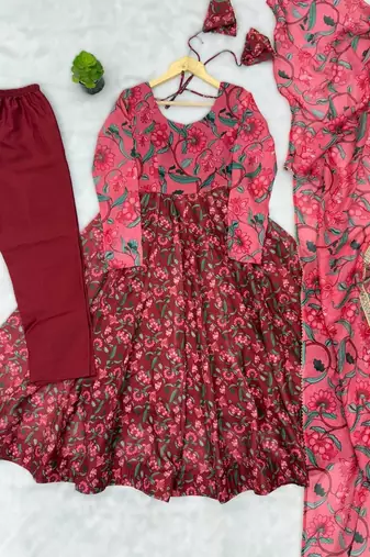 maroon presenting ajrak print anarkali suit 