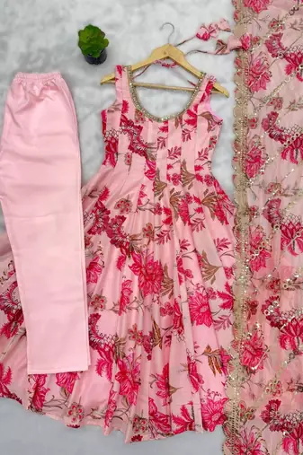 pink floral print straight kali cut anarkali suit 
