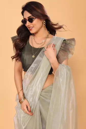 light green twill net designer saree