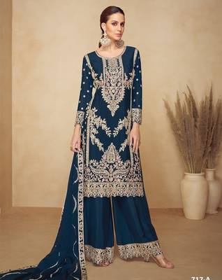 Teal chinon semi stitched wedding suits 1