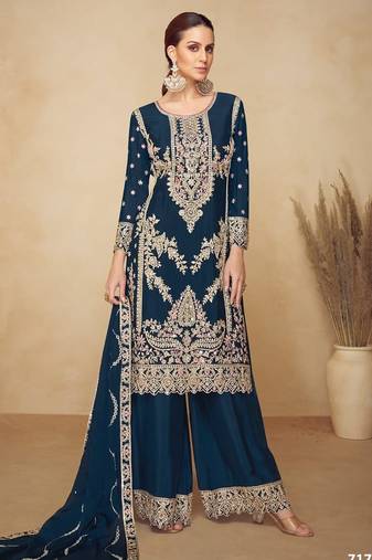 Teal chinon semi stitched wedding suits