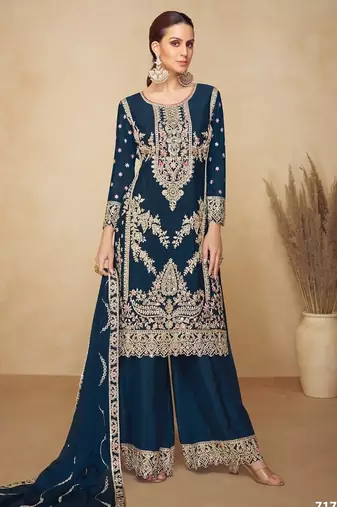 Teal chinon semi stitched wedding suits