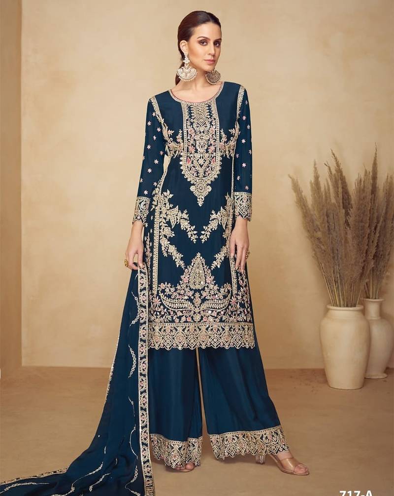 Teal chinon semi stitched wedding suits