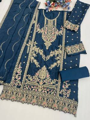 Teal chinon semi stitched wedding suits 2