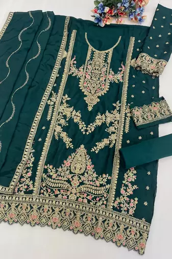 Bottle green chinon semi stitched wedding suits