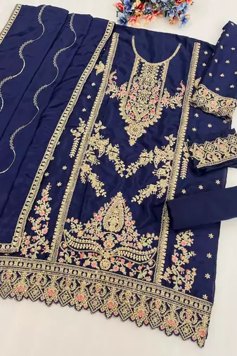 Navy blue chinon semi stitched wedding suits
