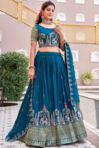 Beautiful Blue Thread Embroidered Silk Wedding Lehenga Choli