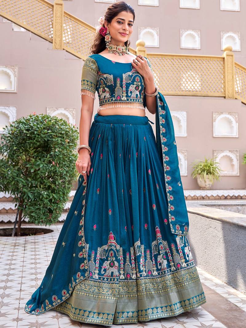 Beautiful Blue Thread Embroidered Silk Wedding Lehenga Choli