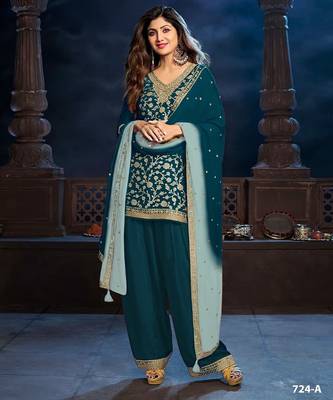 Teal dola silk semi stitched wedding suits 1