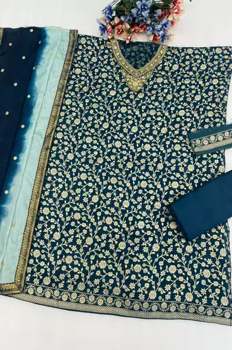 Teal dola silk semi stitched wedding suits
