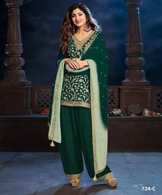 Peacock green dola silk semi stitched wedding suits 1