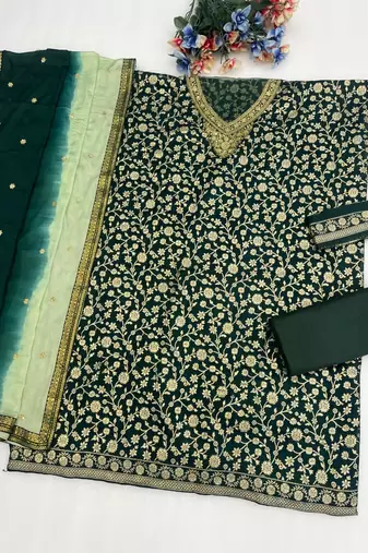 Peacock green dola silk semi stitched wedding suits