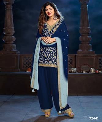 Navy blue chinon semi stitched wedding suits 1