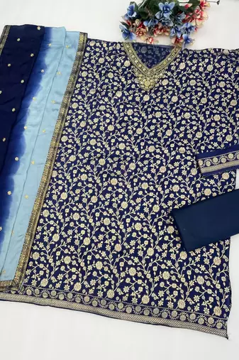Navy blue chinon semi stitched wedding suits