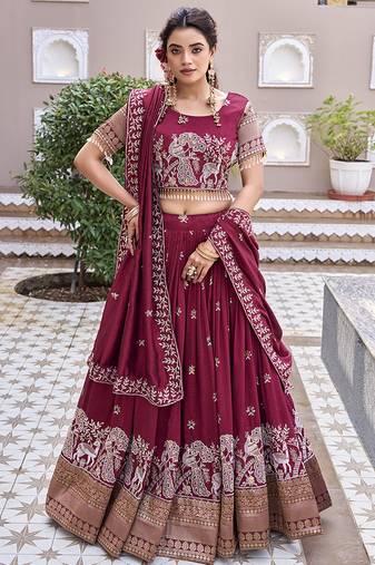 Attractive Red Thread Embroidered Silk Lehenga Choli With Dupatta