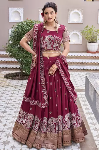 Attractive Red Thread Embroidered Silk Lehenga Choli With Dupatta