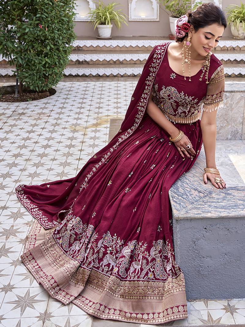 Attractive Red Thread Embroidered Silk Lehenga Choli With Dupatta