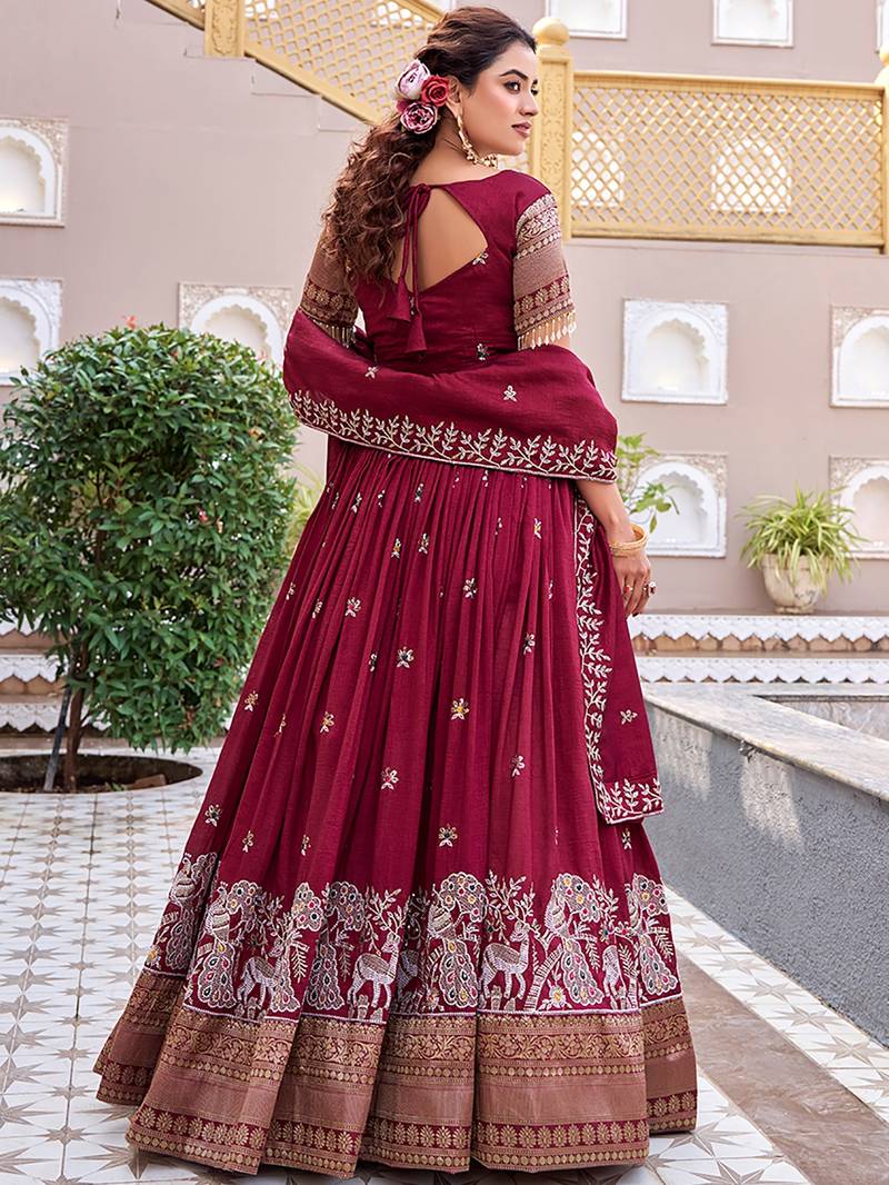 Attractive Red Thread Embroidered Silk Lehenga Choli With Dupatta