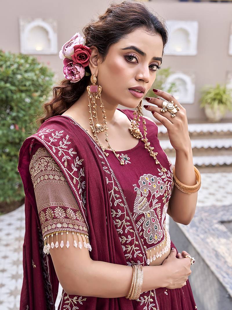 Attractive Red Thread Embroidered Silk Lehenga Choli With Dupatta