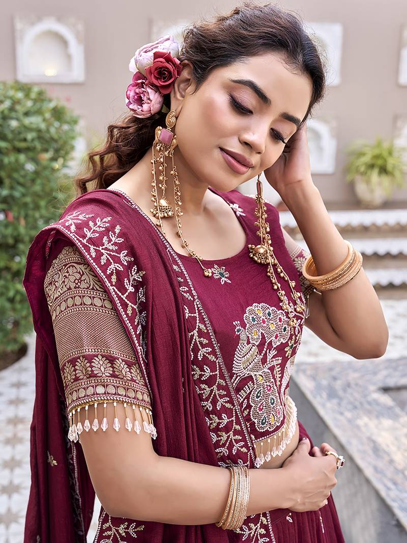 Attractive Red Thread Embroidered Silk Lehenga Choli With Dupatta