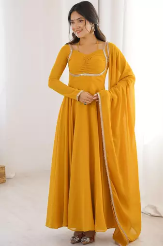 Precious Yellow Lace Work Georgette Haldi Wear Gown With Dupatta
