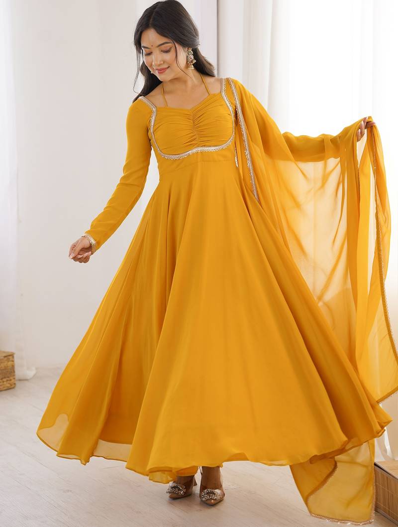 Precious Yellow Lace Work Georgette Haldi Wear Gown With Dupatta