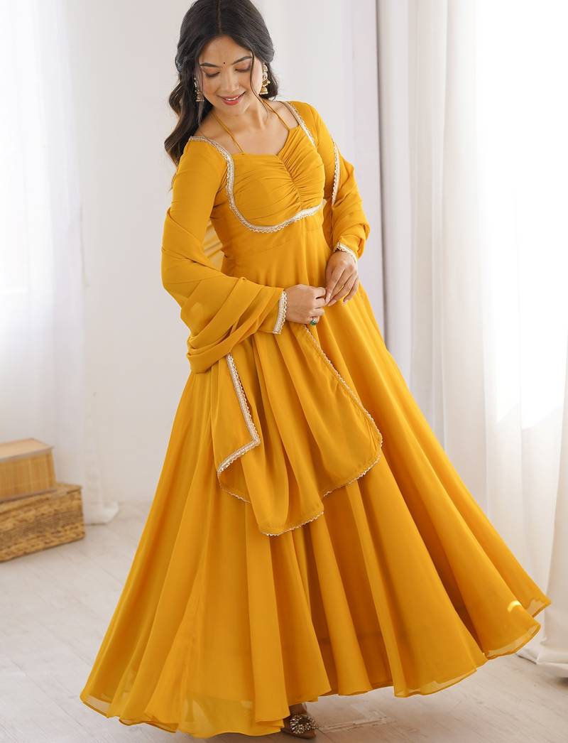 Precious Yellow Lace Work Georgette Haldi Wear Gown With Dupatta